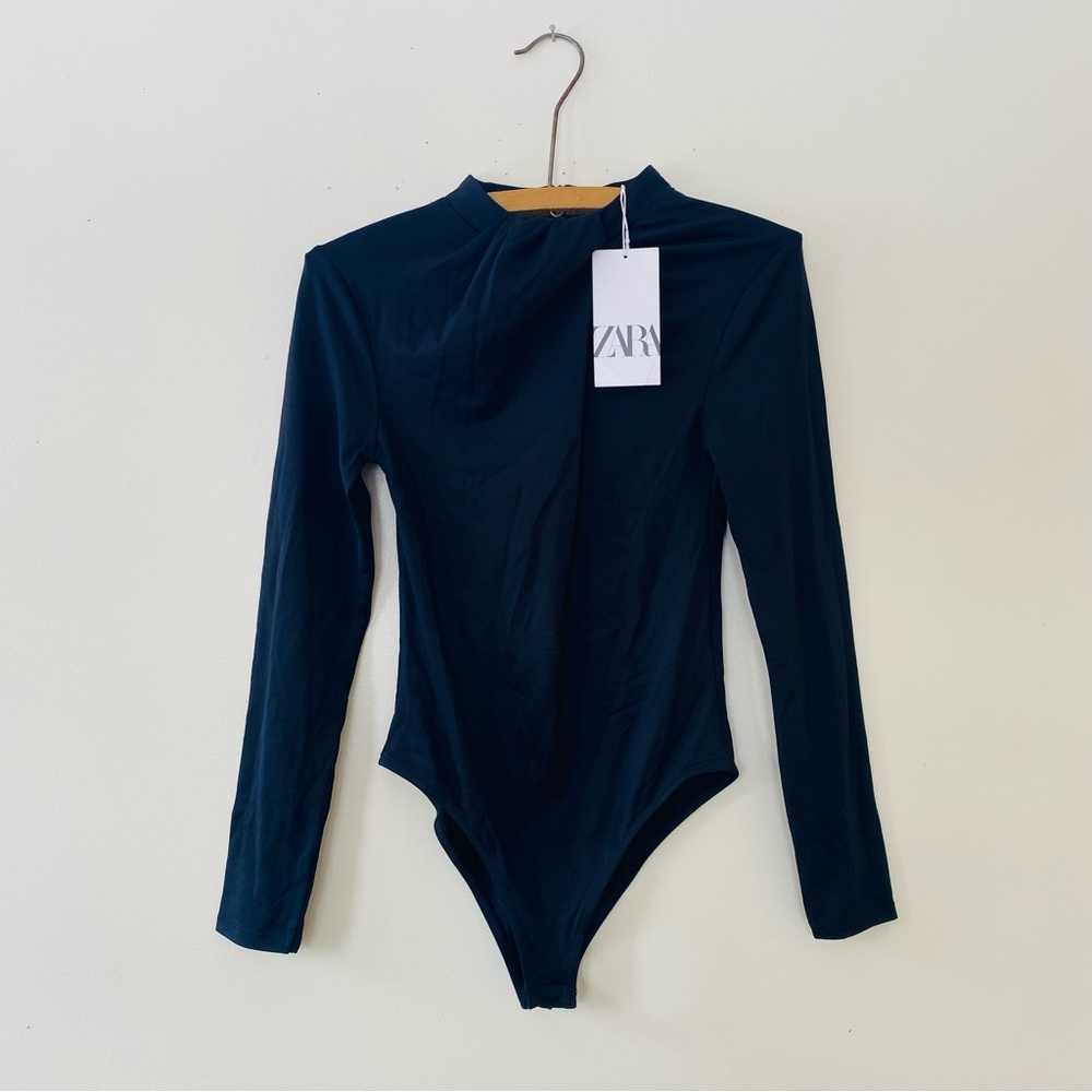 NWT Zara Black Body Suit M Long Sleeve Ruched Neckline Bodysuit